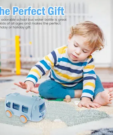 Abu Turab (أبو تراب) kids bus‑shaped water bottle with flip‑top straw, rotating wheels, and carry strap – leakproof design