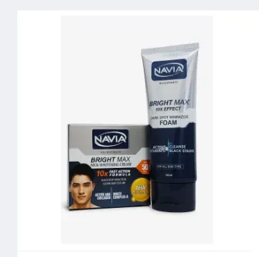 Navia Bright Max Men Whitening Cream & Face Wash Foam – Dark Spot Remover SPF 50 100 ml packaging, imagecaption=Navia Bright Max men’s whitening cream and face wash bundle – SPF 50 protection, dark spot removal, available on Khareedo | Kharedo.