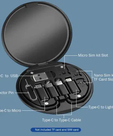 Multifunctional 60W Fast Charging Data Cable Set compatible with Android and iPhone, showing all connectors and travel case, imagecaption=All-in-one 60W fast charging and data cable set – perfect for Android and iPhone users,