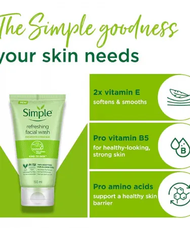 Simple Kind Refreshing Face Wash Gel 150 ml – soap‑free facial cleanser in a sleek white bottle, imagecaption=Simple Kind 150 ml Refreshing Face Wash Gel – 100% soap‑free, suitable for all skin types, made in Poland.