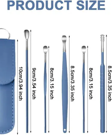 Abu Turab (أبو تراب) 6‑pcs stainless steel earwax pickers set in transparent travel box, showing non‑slip handles and 360° thread scoop for safe ear cleaning.