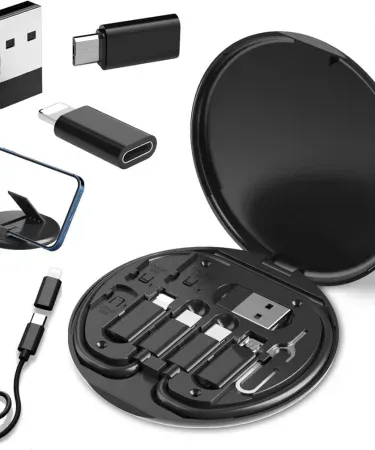 Multifunctional 60W Fast Charging Data Cable Set compatible with Android and iPhone, showing all connectors and travel case, imagecaption=All-in-one 60W fast charging and data cable set – perfect for Android and iPhone users,