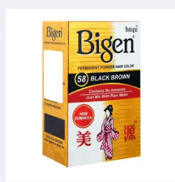 Bigen Permanent Powder Hair Color 58 – Black Brown long‑lasting natural hair dye in its original packaging, showing the powder and developer sachet.