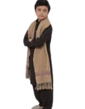 Personalized black acrylic shawl for kids with name embroidery, unique random border, handcrafted in Pakistan