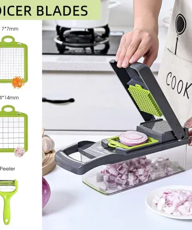 Abu Turab 16‑in‑1 vegetable chopper slicer with stainless steel blades and accessories displayed on a kitchen countertop, imagecaption=Abu Turab (أبو تراب) 16‑in‑1 Multi‑Function Vegetable Chopper Slicer – perfect for fast, precise cooking.