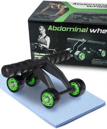 Abu Turab 4‑wheel abdominal roller with ergonomic foam handles, PU wheels and knee pad on a wooden floor, imagecaption=Abu Turab (أبو تراب) 4‑Wheel Abdominal Roller – perfect for full‑body workouts ,
