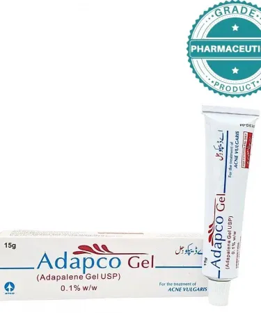 ADAPCO Gel (Adapalene 0.1% USP) 15 g acne treatment tube on white background, imagecaption=ADAPCO Gel – Dermatologist‑recommended acne gel available on Khareedo & Kharedo with Check on Delivery.