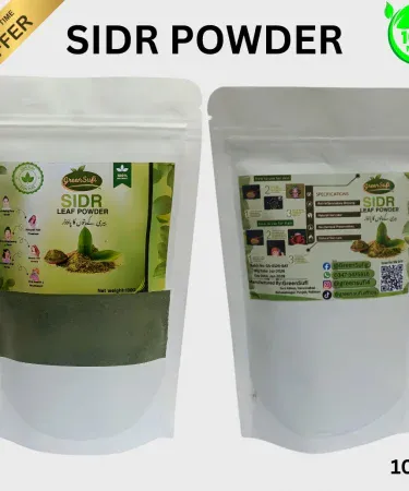 GreenSufi 100% Organic Sidr Powder 100g – Pure Beri Ka Pata Powder in a white jar, imagecaption=GreenSufi Organic Sidr Powder – Natural Chemical‑Free Shampoo Alternative,