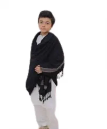 Personalized black acrylic shawl for kids with name embroidery, unique random border, handcrafted in Pakistan