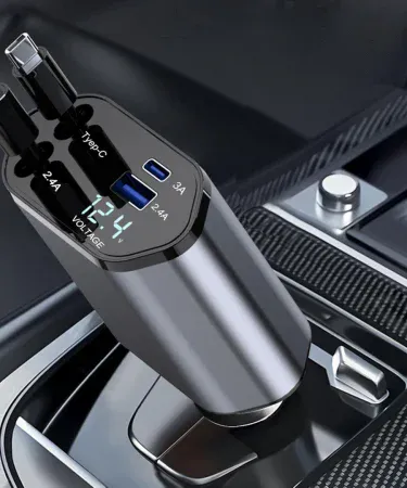 Abu Turab 120W 4‑in‑1 retractable car charger with dual USB, Type‑C and PD ports plugged into a car cigarette lighter adapter