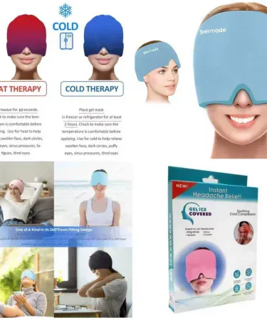 Headache and migraine relief cap with hot and cold therapy, one‑piece stretchable gel ice head wrap, imagecaption=One‑piece hot & cold therapy cap for migraine relief – available on Khareedo | Kharedo,