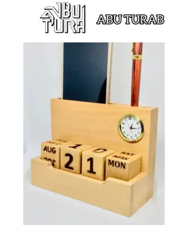 Abu Turab handcrafted wooden desk calendar with built‑in clock, pen holder, visiting‑card slot and mobile holder on an office table