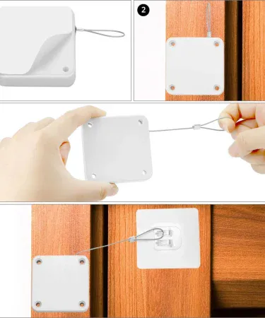 Abu Turab portable automatic stainless steel door closer with sensor and drawstring, installed on a residential door, showing punch‑free mounting system