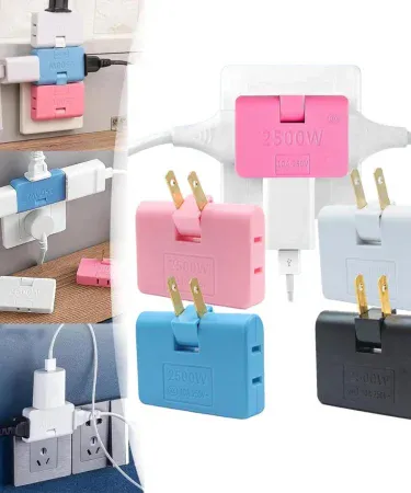 Rotating wall socket 3‑in‑1 extension power adapter with 180° rotatable plug, mini slim flat US pins, high‑capacity 2500W swivel outlet converter