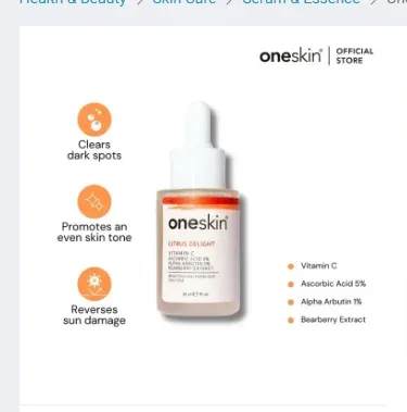Oneskin Vitamin C Whitening Serum 5% Vitamin C 1% Alpha Arbutin Bearberry Citrus Delight 30ml bottle, imagecaption=Oneskin Vitamin C Whitening Serum – 30 ml – Brightening & Whitening Formula,