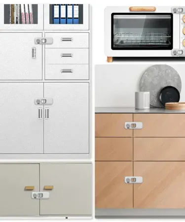 1PCS Toddler Safety Lock – self‑adhesive child‑proof fridge and drawer latch for baby safety in a modern kitchen