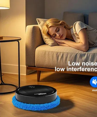 Abu Turab (أبو تراب) fully automatic cleaning robot on a tiled floor, imagecaption=Abu Turab cleaning robot – efficient vacuum, mop, and UV sanitization ,