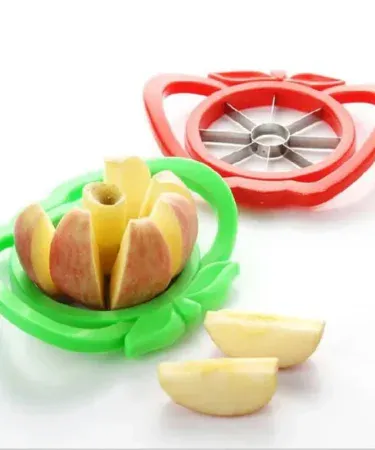 Upgraded Apple Cutter & Slicer with 8 stainless steel blades and non‑slip silicone handle, showing sliced apples on a wooden board