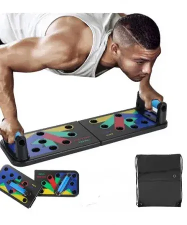 Abu Turab 9‑in‑1 foldable pushup board with color‑coded hand grips for chest, shoulders, back and triceps – premium home fitness equipment