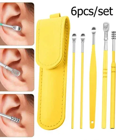 Abu Turab (أبو تراب) 6‑pcs stainless steel earwax pickers set in transparent travel box, showing non‑slip handles and 360° thread scoop for safe ear cleaning.