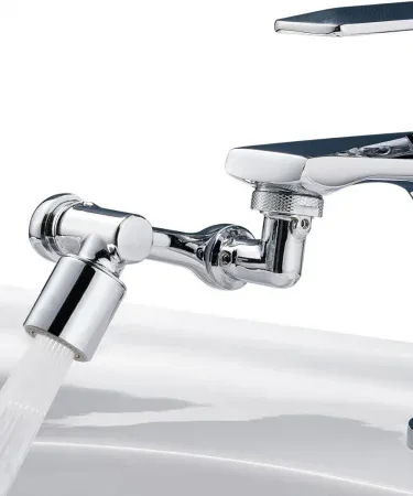 Universal 1080° swivel robotic arm faucet aerator showing 1080° rotation and dual water spray modes, installed on a kitchen sink.