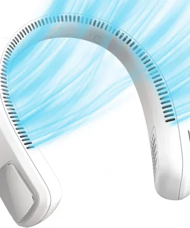AbU Turab (أبو تراب) portable neck fan – hands‑free bladeless 360° cooling fan, lightweight and USB rechargeable, being worn around the neck for personal cooling