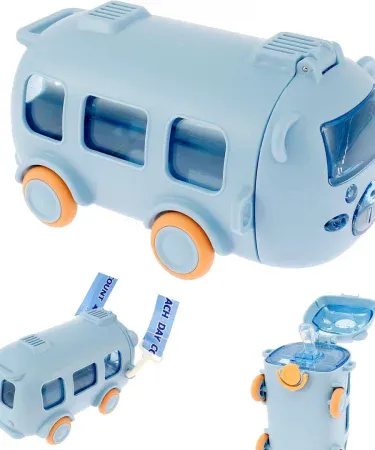 Abu Turab (أبو تراب) kids bus‑shaped water bottle with flip‑top straw, rotating wheels, and carry strap – leakproof design