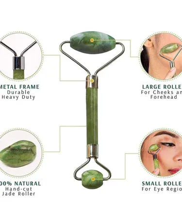 Abu Turab original stone jade roller and gua sha set – premium facial massager for skin, eyes and neck, placed on a marble vanity with a fresh flower