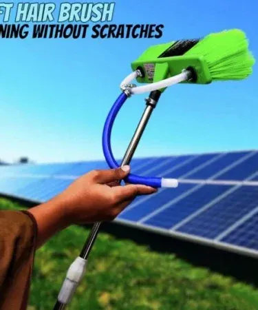 Solar Panel Cleaning Brush with Water System 8ft Adjustable Non‑Magnetic Stainless Steel Rod, imagecaption=Adjustable 8‑ft stainless steel solar panel cleaning brush with water attachment – perfect for panels and windows,