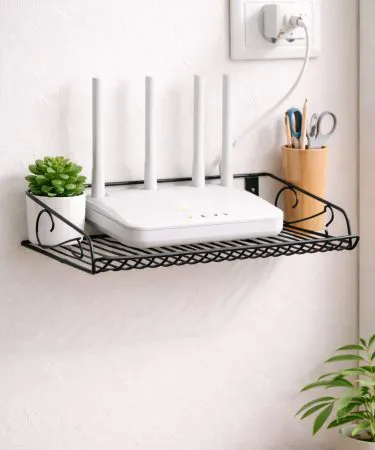Wall Mounted Router Shelf – sturdy steel shelf for routers and networking devices mounted on a wall, perfect for home and office organization.