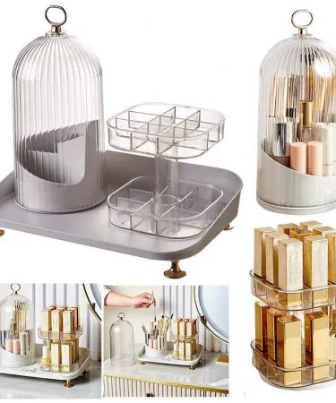 360 Rotating Diamond Acrylic Makeup Organizer with brush and lipstick holder – transparent acrylic cosmetic storage