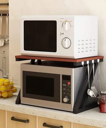 Microwave Stand Rack Z Shape in stainless steel for kitchen countertops, imagecaption=Premium Z‑shape microwave stand from Khareedo & Kharedo – Rs 3599, buy now!