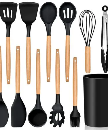 Kitchen Utensils Set – 12 piece silicone cooking tools with holder, black finish