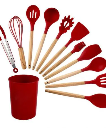 12pcs Wooden Handle Silicone Cooking Spoon Set – Red Heat‑Resistant Spatulas, imagecaption=Premium 12‑piece wooden handle silicone spoon set in vibrant red, perfect for high‑temperature cooking.