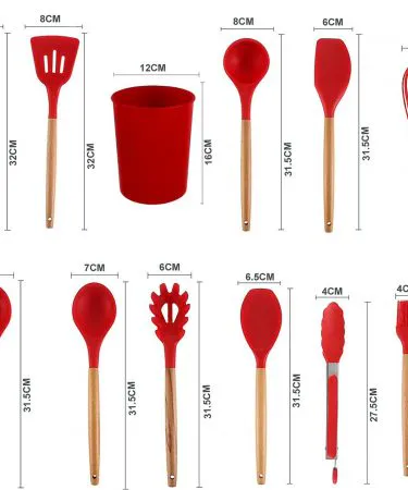 12pcs Wooden Handle Silicone Cooking Spoon Set – Red Heat‑Resistant Spatulas, imagecaption=Premium 12‑piece wooden handle silicone spoon set in vibrant red, perfect for high‑temperature cooking.