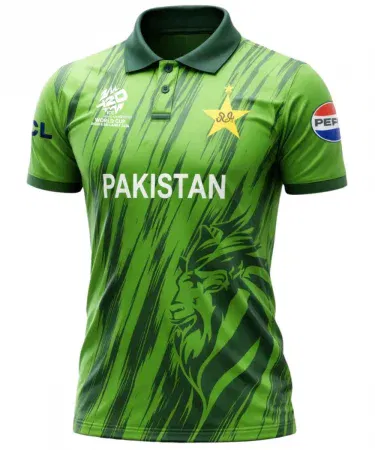 Pakistan Shirt WC T20 2026 dry fit cricket jersey with both‑sides and bazoo print – Khareedo Kharedo COD delivery, imagecaption=Pakistan Shirt WC T20 2026 – Dry Fit Cricket Shirt featuring vibrant bazoo prints, available with Check‑on‑Delivery service.