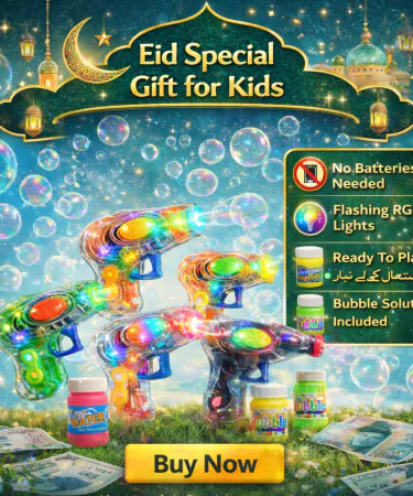 Eid special transparent bubble gun toy with RGB lights and bubble solution, perfect gift for kids , imagecaption=Kids enjoying colorful bubbles from the battery‑free RGB bubble gun – ideal Eid gift ,