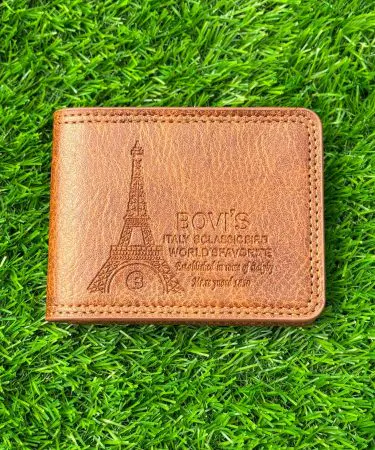Light brown bi-fold wallet for men with unique pattern and sleek slim design, imagecaption=Light Brown Bi-Fold Wallet – stylish, compact, and perfect for everyday use,