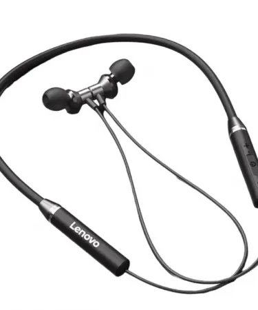 Lenovo HE05 Bluetooth neckband earphones – black magnetic design, imagecaption=Lenovo HE05 Bluetooth Earphone – sleek black neckband with magnetic earbuds,
