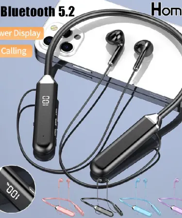 Magnetic neckband headphones with Bluetooth 5.2, LED display and mic – Khareedo Kharedo product image, imagecaption=Magnetic Neckband Headphones Bluetooth 5.2 – LED Display, Noise‑Cancel Earbuds with Mic, available on Khareedo | Kharedo.