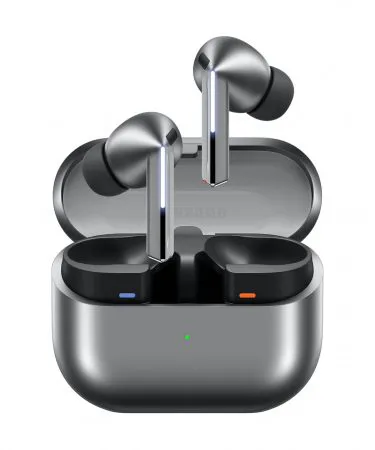 Samsung Galaxy Buds 3 Pro AI True Wireless Bluetooth Earbuds in silver with charging case, sleek design, and IPX7 rating