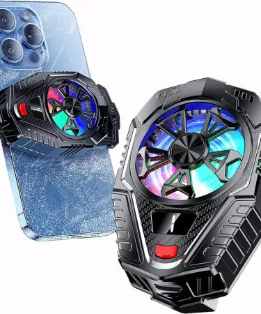 Portable mobile phone quiet cooling fan with LED light attached to a smartphone, showing the sleek black ABS back‑clip design