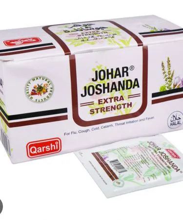 Johar Joshanda herbal tea packet with steaming cup, natural ingredients and Khareedo logo – premium Pakistani beverage