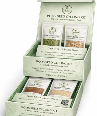 Dr Susi Organics PCOS Seed Cycling Kit – four organic seeds (flax, pumpkin, sunflower, sesame) in a reusable box, perfect for hormonal balance and PCOS relief.