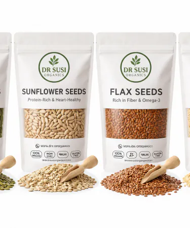 Dr Susi Organics PCOS Seed Cycling Kit – four organic seeds (flax, pumpkin, sunflower, sesame) in a reusable box, perfect for hormonal balance and PCOS relief.