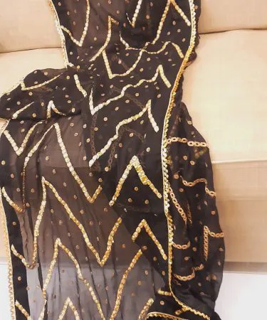 Black chiffon dopta by Maryum n Maria with four side lace and silk platta – elegant ready to wear outfit for women