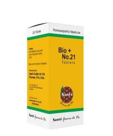 Bio + 21 Sante Company health supplement bottle with vibrant label, displayed on a clean white background.