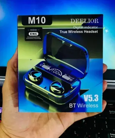 M10 Air Buds Wireless Bluetooth Earbuds with Power Bank case showing LED power display, imagecaption=M10 Air Buds – Premium Bluetooth earbuds with built‑in power bank, available on Khareedo/Kharedo.