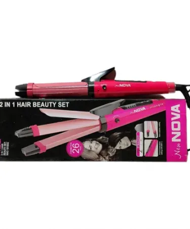 Nova 2‑in‑1 Hair Straightener & Curler Pink 2009 220V with ceramic tourmaline plates, portable design, 360° rotating cord – perfect for straightening and curling hair.