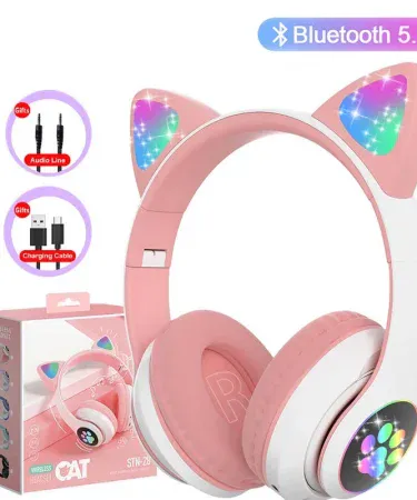 STN28 Cat Ear Wireless Bluetooth Headphones with LED lights, pink over‑ear design, foldable and rechargeable for kids and girls